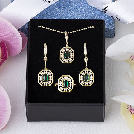 Yeşil Zirkon Taşlı Gold Rengi 925 Ayar Gümüş Kadın 3'lü Set