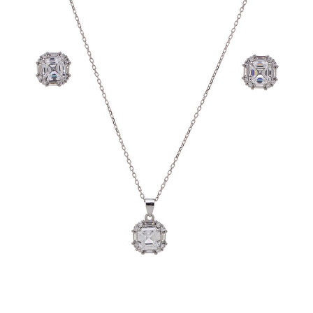 6 mm Kare Zirkon Taşlı 925 Ayar Gümüş Kadın 2'li Set