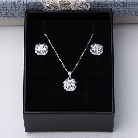 6 mm Kare Zirkon Taşlı 925 Ayar Gümüş Kadın 2'li Set