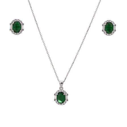 5-8 mm Yeşil Oval Zirkon Taşlı 925 Ayar Gümüş Kadın 2'li Set