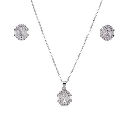5-8 mm Oval Zirkon Taşlı 925 Ayar Gümüş Kadın 2'li Set