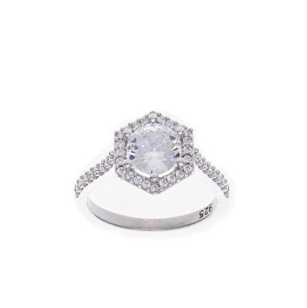 7mm Zirkon Taşlı Altıgen Model 925 Ayar Gümüş Kadın Tektaş Yüzük 