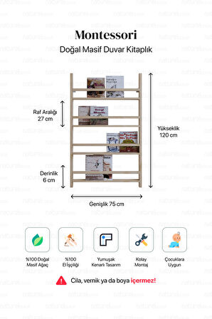 Duvar Kitaplığı Masif Ahşap Montessori Duvar Kitaplık