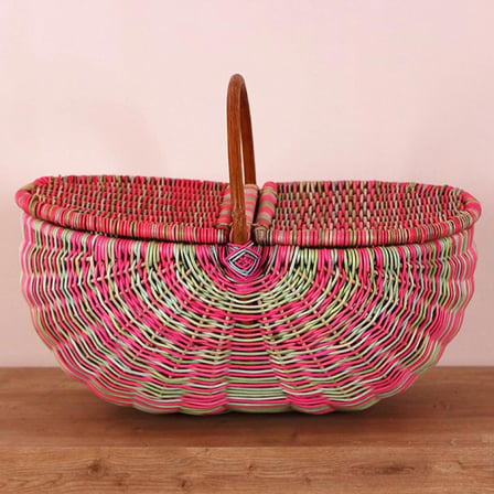 Bohem Large Boy Pembe Renkli Piknik Sepeti, Brunch Sepeti, Dekoratif Sepet, Iskandinav, Rattan