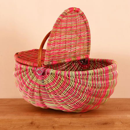 Bohem Large Boy Pembe Renkli Piknik Sepeti, Brunch Sepeti, Dekoratif Sepet, Iskandinav, Rattan