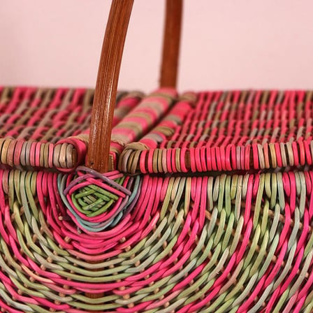 Bohem Large Boy Pembe Renkli Piknik Sepeti, Brunch Sepeti, Dekoratif Sepet, Iskandinav, Rattan