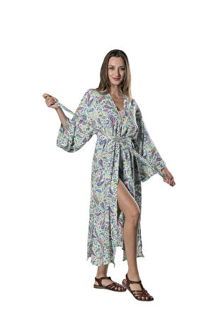 Özel Tasarım Pamuk Viskon Uzun Kimono - Florit