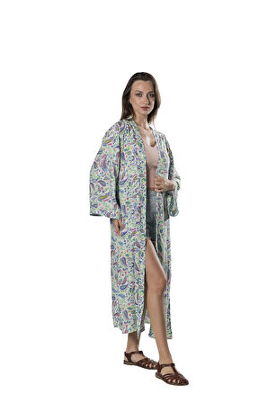 Özel Tasarım Pamuk Viskon Uzun Kimono - Florit