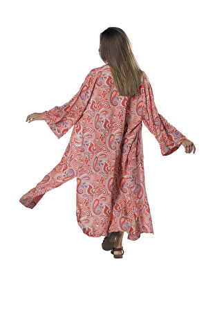 Özel Tasarım Pamuk Viskon Uzun Kimono - Garnet