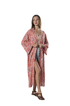 Özel Tasarım Pamuk Viskon Uzun Kimono - Garnet