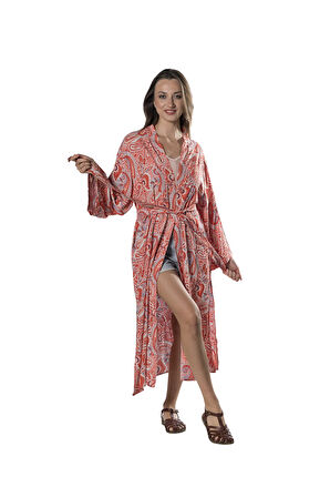 Özel Tasarım Pamuk Viskon Uzun Kimono - Garnet