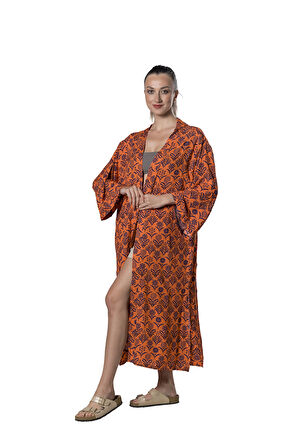 Özel Tasarım Pamuk Viskon Uzun Kimono - Güneş