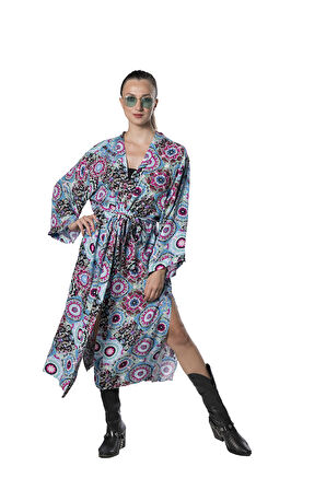 Özel Tasarım Pamuk Viskon Uzun Kimono - Mandala