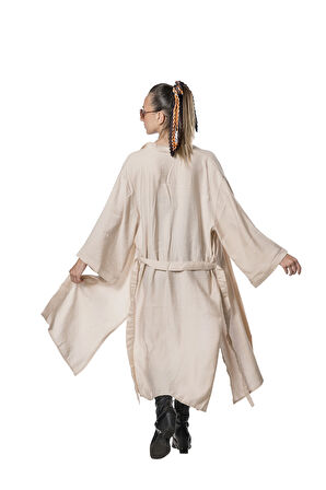 Özel Tasarım Viskon Keten Uzun Kimono - Tüzün Bej