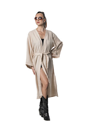Özel Tasarım Viskon Keten Uzun Kimono - Tüzün Bej