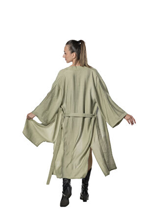 Özel Tasarım Viskon Keten Uzun Kimono - Tüzün Yeşil