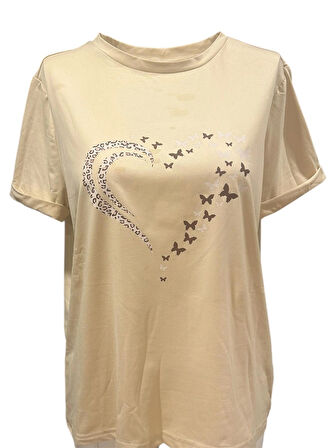 Leopar Desenli ve Kalp Baskılı Tasarım T-Shirt