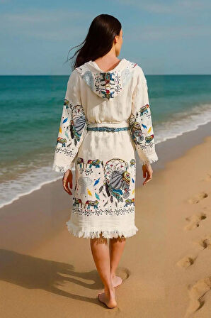 Renkli Baskılı Pamuk Müslin Kapüşonlu Bornoz Kimono