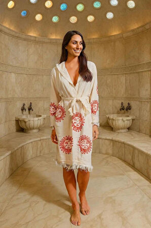 Renkli Baskılı Pamuk Müslin Kapüşonlu Bornoz Kimono