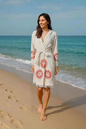 Renkli Baskılı Pamuk Müslin Kapüşonlu Bornoz Kimono