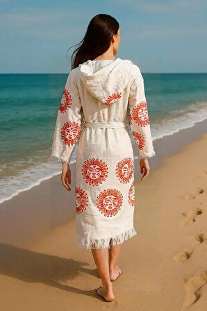 Renkli Baskılı Pamuk Müslin Kapüşonlu Bornoz Kimono