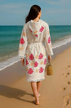 Renkli Baskılı Pamuk Müslin Kapüşonlu Bornoz Kimono