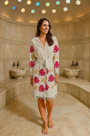 Renkli Baskılı Pamuk Müslin Kapüşonlu Bornoz Kimono