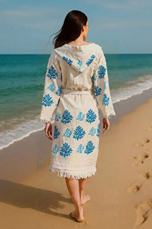 Renkli Baskılı Pamuk Müslin Kapüşonlu Bornoz Kimono