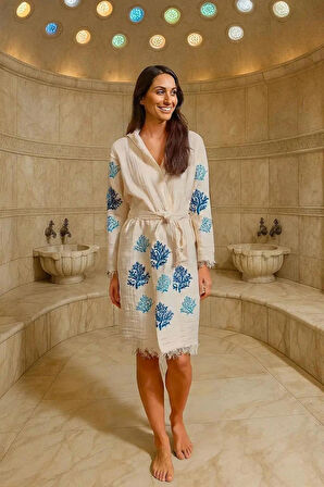 Renkli Baskılı Pamuk Müslin Kapüşonlu Bornoz Kimono