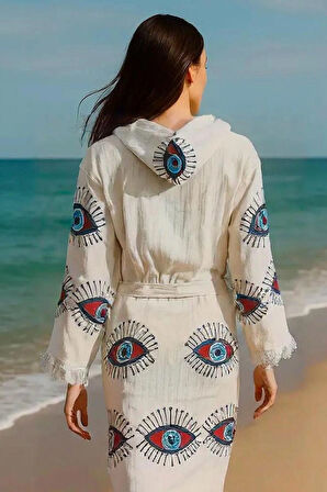 Renkli Baskılı Pamuk Müslin Kapüşonlu Bornoz Kimono