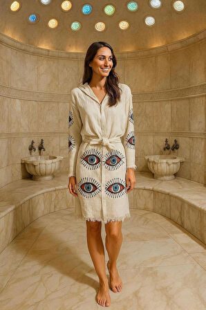 Renkli Baskılı Pamuk Müslin Kapüşonlu Bornoz Kimono