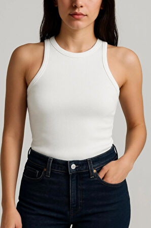 Yumuşak Pamuk Dokuma Halter Yaka Fitilli Atlet – Basic Rahat Kadın T-Shirt