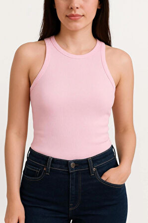 Yumuşak Pamuk Dokuma Halter Yaka Fitilli Atlet – Basic Rahat Kadın T-Shirt