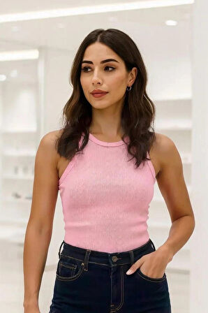Yumuşak Pamuk Dokuma Halter Yaka Fitilli Atlet – Basic Rahat Kadın T-Shirt