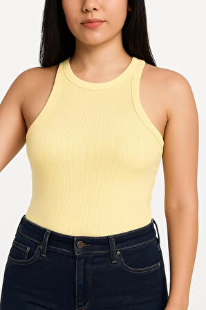 Yumuşak Pamuk Dokuma Halter Yaka Fitilli Atlet – Basic Rahat Kadın T-Shirt