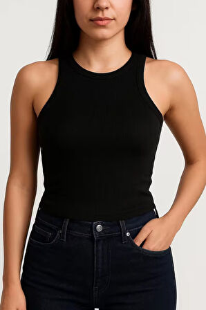 Yumuşak Pamuk Dokuma Halter Yaka Fitilli Atlet – Basic Rahat Kadın T-Shirt