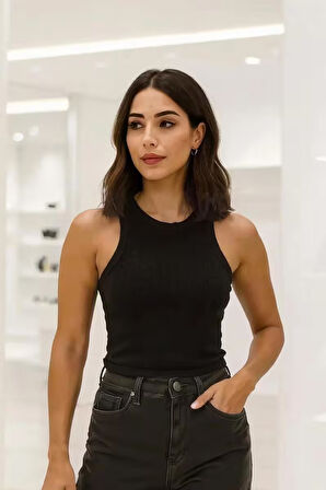 Yumuşak Pamuk Dokuma Halter Yaka Fitilli Atlet – Basic Rahat Kadın T-Shirt