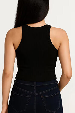 Yumuşak Pamuk Dokuma Halter Yaka Fitilli Atlet – Basic Rahat Kadın T-Shirt