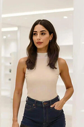 Pamuk Dokuma Modal Kumaş Esnek ve Yumuşak Dokulu Dik Yaka Kolsuz Bluz 