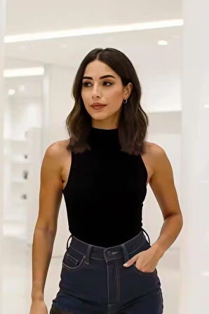 Pamuk Dokuma Modal Kumaş Esnek ve Yumuşak Dokulu Dik Yaka Kolsuz Bluz 