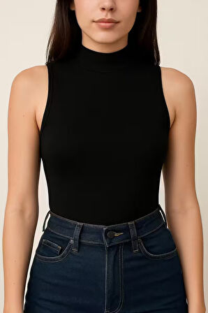 Pamuk Dokuma Modal Kumaş Esnek ve Yumuşak Dokulu Dik Yaka Kolsuz Bluz 