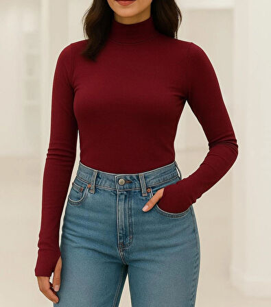 Yumuşak Dokulu Pamuk Dokuma Uzun Kol Dik Yaka Parmak Geçmeli Body Modal T-Shirt