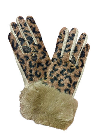 Leopar Desenli Kürklü Eldiven Peluş Süet  Dokunmatik Eldiven