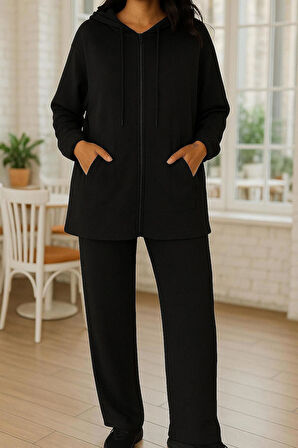 Yumuşak ve Esnek Dokulu Modal Scuba Kumaş Uzun Kollu Kapüşonlu Fermuarlı Takım