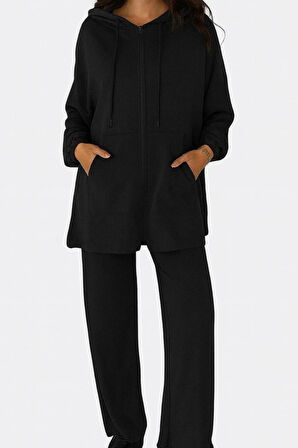 Yumuşak ve Esnek Dokulu Modal Scuba Kumaş Uzun Kollu Kapüşonlu Fermuarlı Takım