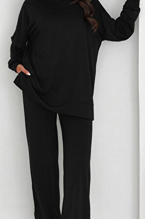 Yumuşak ve Esnek Dokulu Modal Scuba Kumaş Uzun Kollu Bisiklet Yaka Yırtmaçlı Takım