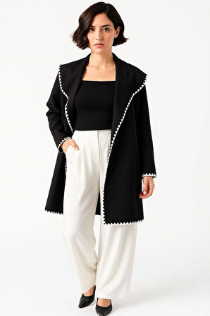 Beyaz Dikiş Detaylı Şal Yaka Kadın Hırka Kimono Style