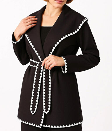 Beyaz Dikiş Detaylı Şal Yaka Kadın Hırka Kimono Style