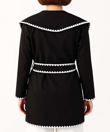 Beyaz Dikiş Detaylı Şal Yaka Kadın Hırka Kimono Style