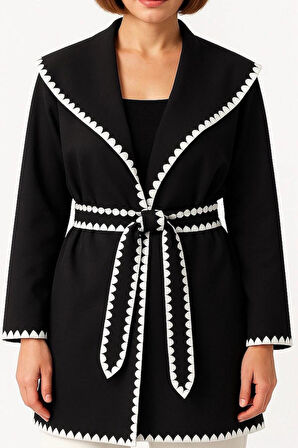 Beyaz Dikiş Detaylı Şal Yaka Kadın Hırka Kimono Style